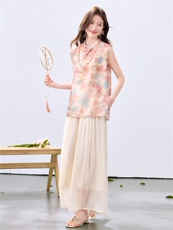 夏季新款现货！2026新中式奥黛款植物花卉上衣+阔腿裤洋气两件套，女装套装/套裙，宝儿家