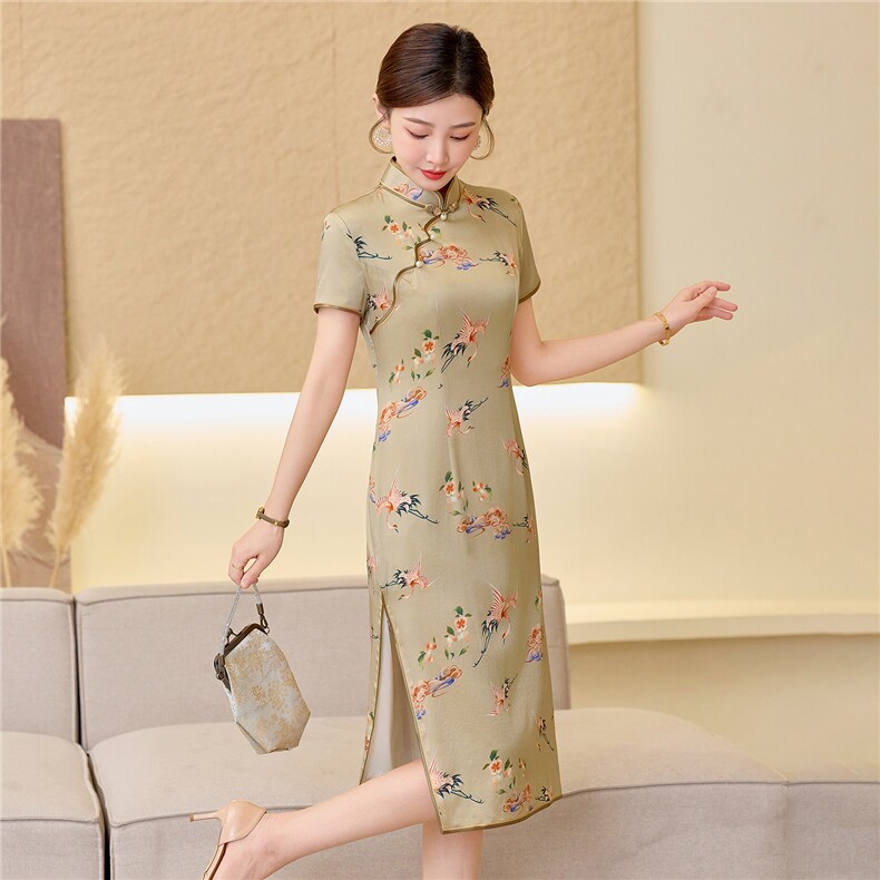 杭州品质真丝中长裙复古印花连衣裙女春夏日常修身潮流真丝旗袍,女装汉服/婚纱/旗袍/礼服,小荷流