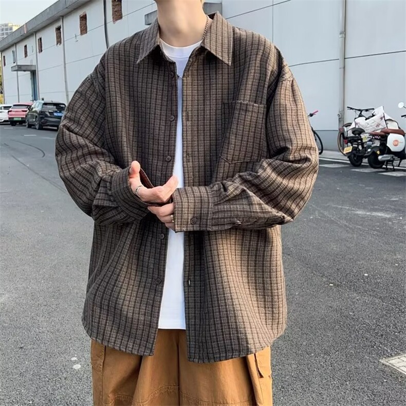 磨毛格子衬衫外套男春秋长袖宽松慵懒风男生复古外穿衬衣C907/P52,男装衬衫,星座506