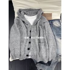 AA1738P55灰色连帽纽扣开衫毛衣男女秋季宽松针织衫，男装针织衫/毛衣，电商B323A