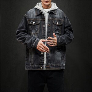 jk821-p85 M-5XL黑墙ins牛仔夹克绣花破洞大码男日系CITYBOY图片