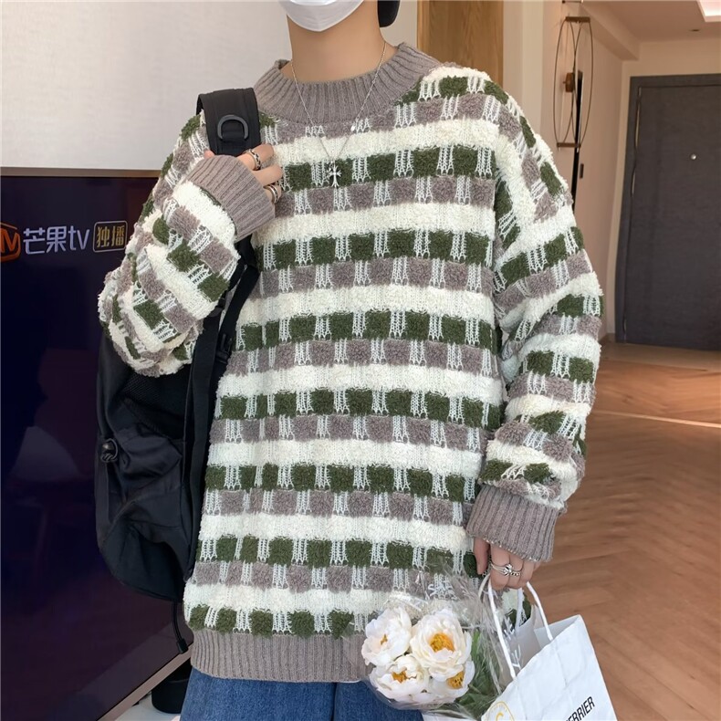 复古着设计小众慵懒风绿色条纹高级感显瘦休闲毛衣男女潮春,男装针织衫/毛衣,星座716-3