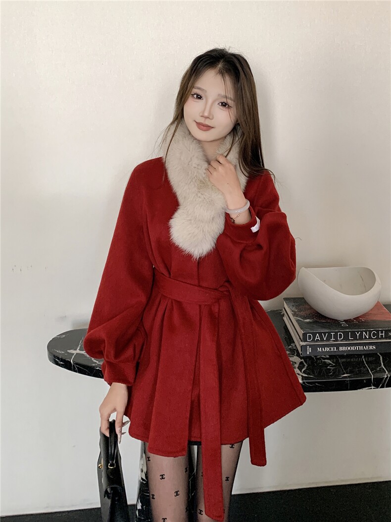 现货新款圣诞款2176-P350-K520双面羊绒大衣配围脖,女装双面呢大衣,韩然一族