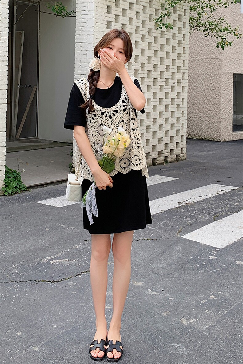 蕾丝勾花镂空叠穿短袖黑色连衣裙女2025夏季新款韩系小个子T恤裙,女装连衣裙,灵力轩