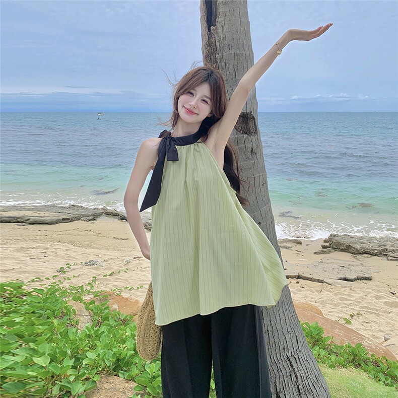 韩系海岛出游穿搭女夏2025新款条纹无袖挂脖上衣宽松阔腿裤两件套,女装套装/套裙,2D078