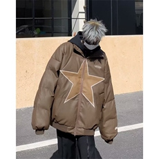 YR9835-P95冬季PU皮棉衣潮牌星星男女保暖休闲百搭面包服皮棉袄，男装棉衣，电商C233