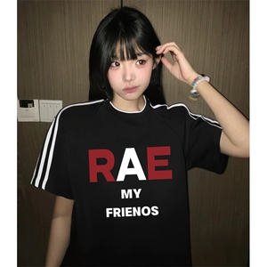 抖音得物高品质二开240克宽松纯棉美式潮牌三条杠织带短袖T恤图片