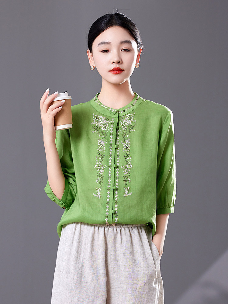 时尚刺绣苎麻衬衫女2025年夏季新款宽松大码中年妈妈减龄薄款上衣,女装衬衫,靓衣阁