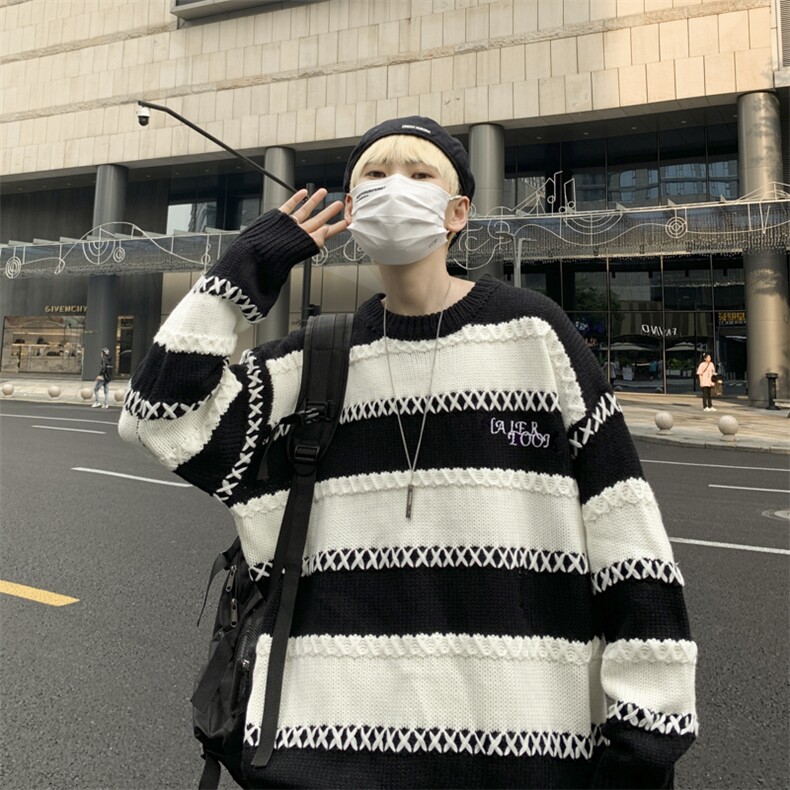秋冬高街条纹毛衣男设计感小众慵懒风情侣针织衫上衣M652-P43,男装针织衫/毛衣,星座512-3