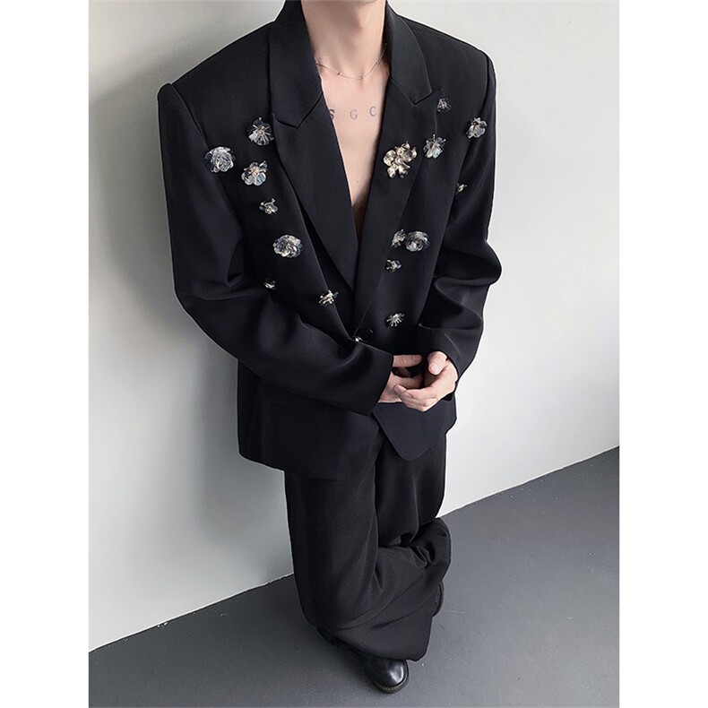 现货黑色西装外套男高级感玫瑰花朵设计宽松百搭西服xz14p148,男装西服,星座512-1（原513-3）