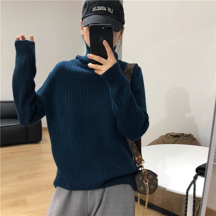 时尚百搭高领宽松羊毛衫女秋冬新款韩版显瘦长袖针织衫,女装羊毛衫,鑫之绒