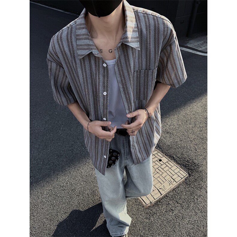 特批P27无差价夏季竖条纹撞色翻领大码短袖衬衫男休闲外套CD5476,男装衬衫,电商A001-1