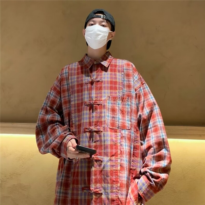 风盘扣格子衬衫男士春秋新款宽松长袖衬衣ins潮牌痞帅情侣外套图片