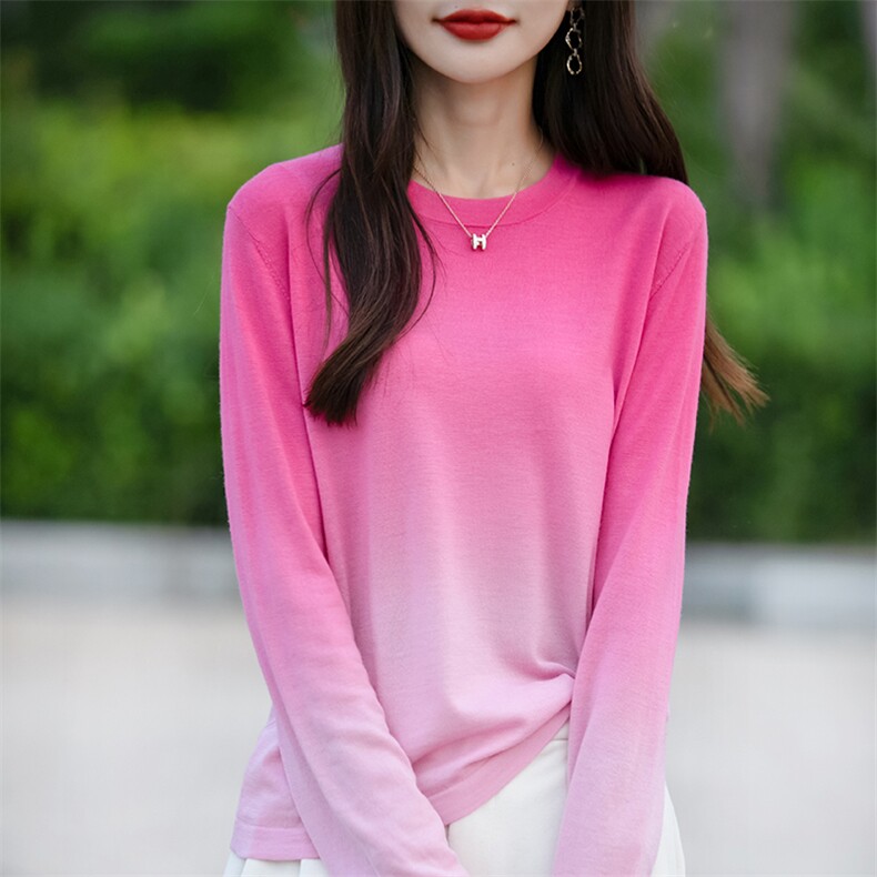 多巴胺长袖t恤女显瘦正肩打底衫薄款圆领针织衫渐变色超好看毛衣图片