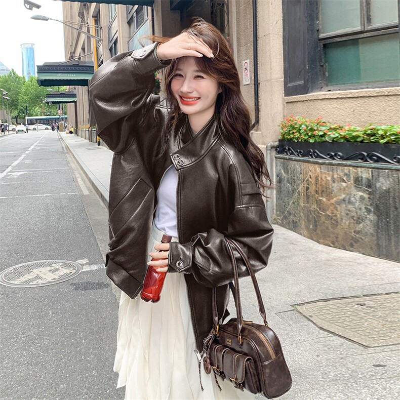 甜酷风美式复古黑色皮衣外套女春秋2025新款超火爆款高级感PU夹克,女装皮衣,2D076