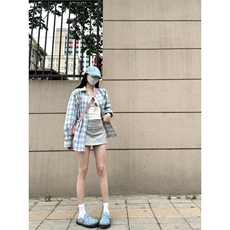 TC543-P45格纹衬衫女美式学院宽松百搭格子上衣防晒衬衣外套薄，女装衬衫，星座617A-2