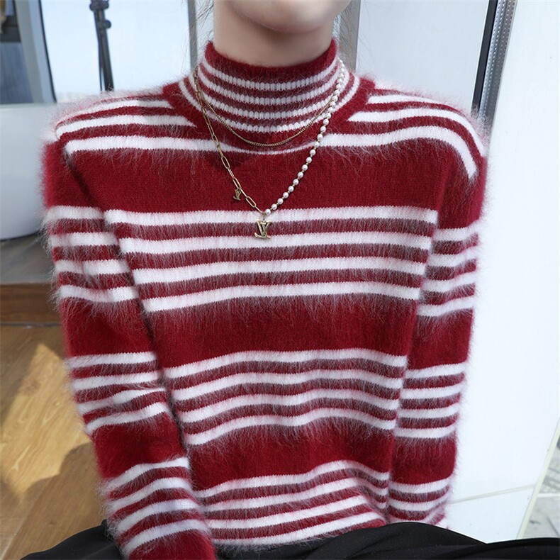 2025秋冬百搭时尚简约半高领条纹针织衫，女装针织衫/毛衣，冬贝尔貂绒