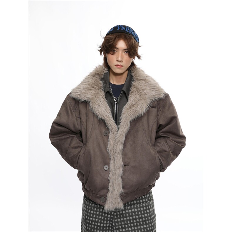 现货重磅硬挺boxy羽绒棉衣座山雕大毛毛领洗水麂皮棉服冬外套，男装棉衣，电商A486-1