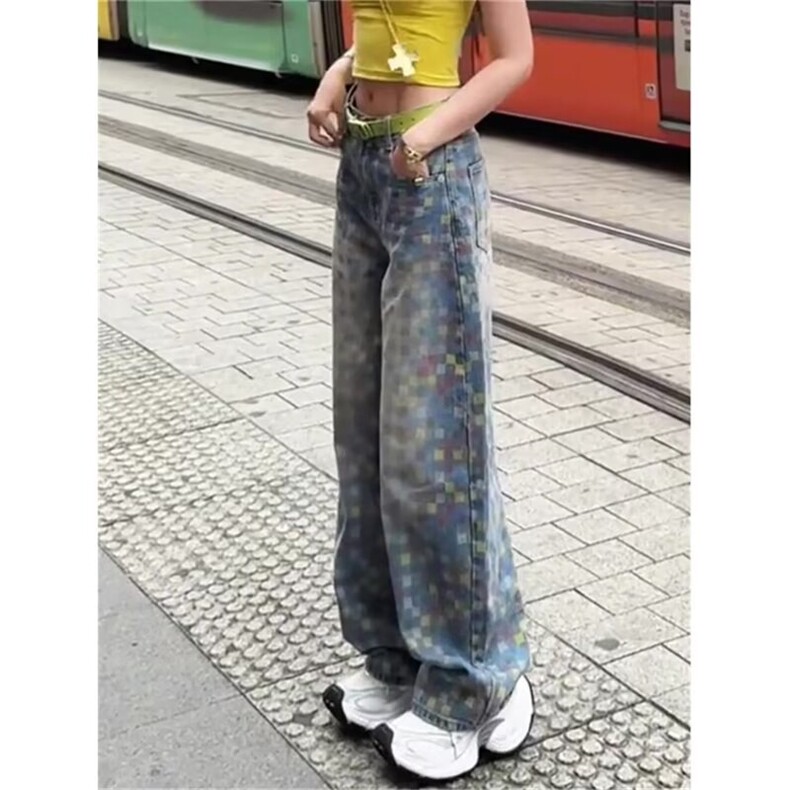春秋季新款弯刀裤彩格长裤高街vibe复古宽松显瘦阔腿牛仔裤潮网图,男装牛仔裤,星座302B