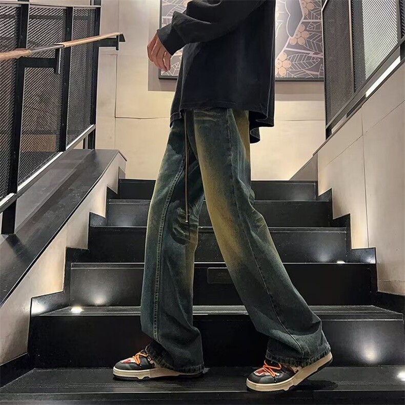 复古高街牛仔裤男秋季美式潮牌水洗做旧裤子宽松直筒微喇长裤,男装牛仔裤,星座410-7