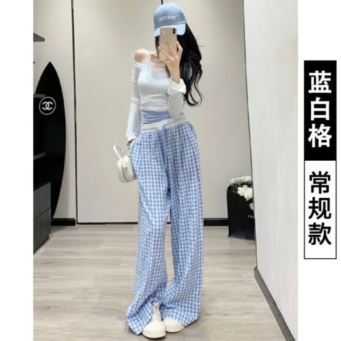 夏季格子裤女薄款高腰甜美女大山本裤多巴胺遛弯阔腿裤拖地长裤子,男装休闲裤,星座1210-1