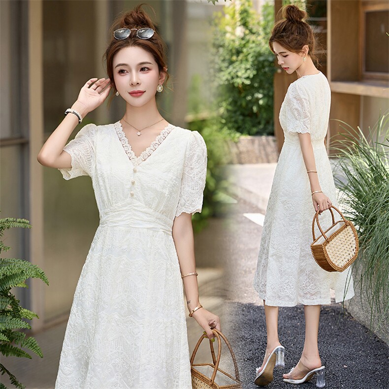 2025年夏季新款蕾丝花边拼接修身连衣裙女,女装连衣裙,美沁