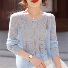 温暖而慵懒舒适百搭丝绒镂空圆领长袖，女装蕾丝衫/雪纺衫，暮绒羊羊绒