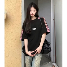 抖音得物品质二开240克宽松纯棉美式潮牌印花三条杠中性风短袖T恤，男装T恤，电商A486-1