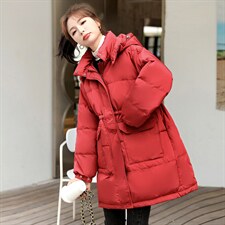 羽绒服女冬季2021新年红圣诞时尚修身过膝冬中长鸭绒品牌外套，女装羽绒服，意芙