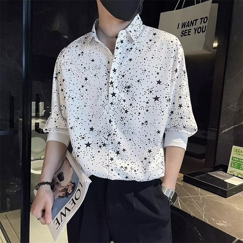 短袖衬衫男夏季满天星印花七分袖衬衣ins潮牌男士痞帅休闲上衣服,男装衬衫,星座1013