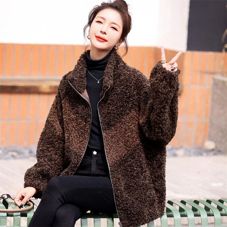 仿羊羔毛外套女皮毛一体秋冬2023新款加厚拼色羊羔绒休闲外套,女装羊羔毛/颗粒绒,姿衣坊