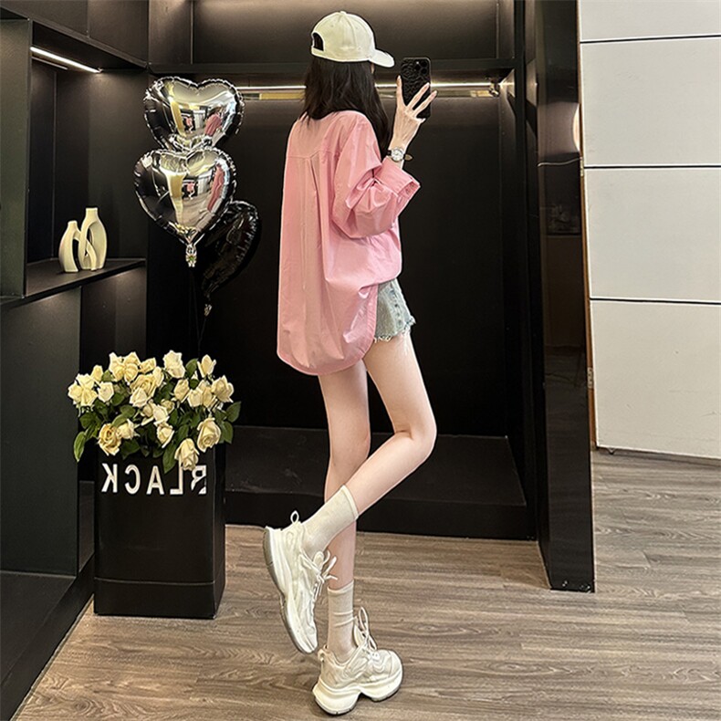 韩版时尚女装春季休闲运动百搭单排扣宽松显瘦纯色中长款翻领衬衣,女装衬衫,2C310