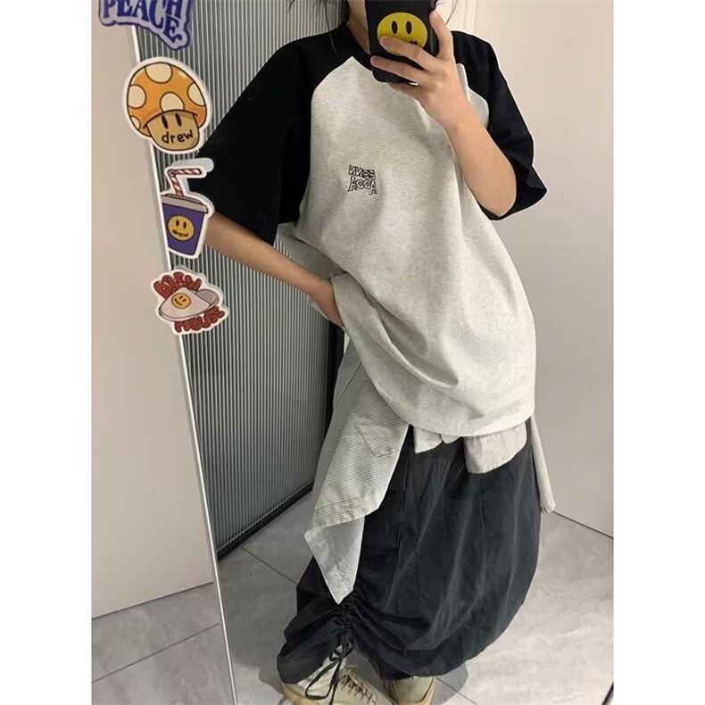 美式撞色插肩袖t恤男女夏季宽松短袖潮流休闲五分袖CJ03-P30图片