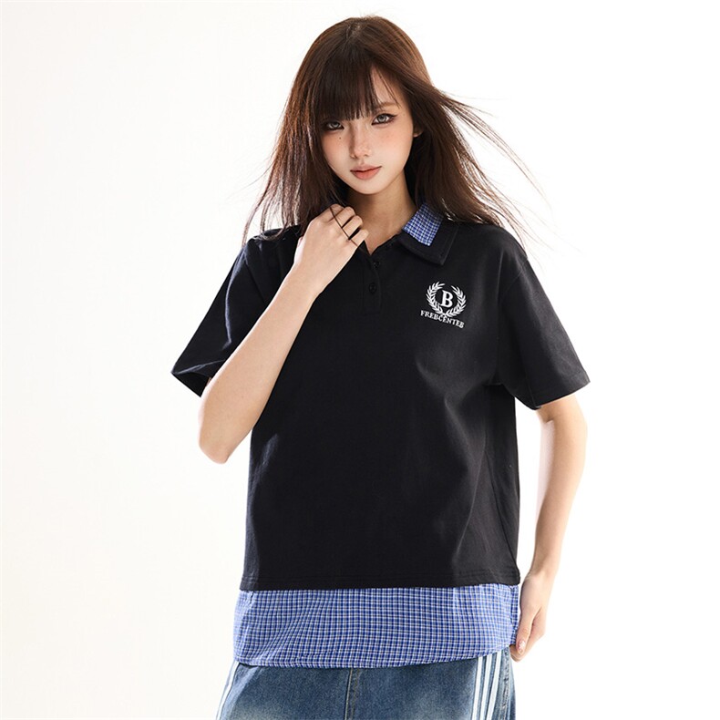 2026学院风假两件POLO衫短袖t恤女格纹拼接翻领情侣上衣YD284-P45,男装T恤,星座509