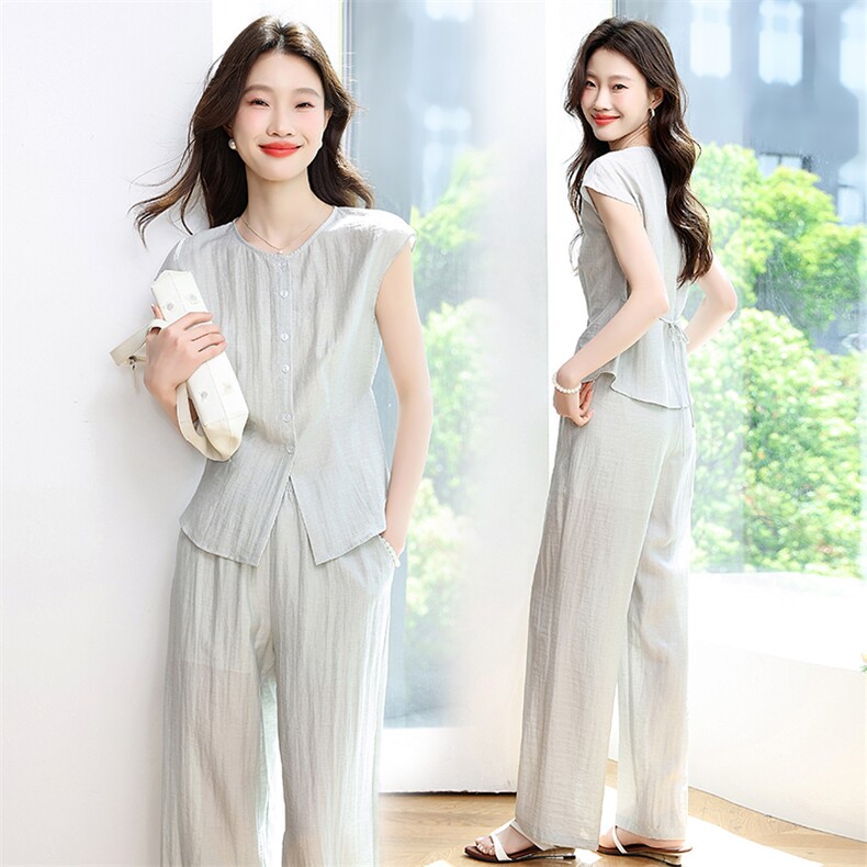 2025夏季新款通勤松弛感亚麻无袖上衣套装女搭配阔腿裤长裤两件套，女装套装/套裙，星宇服饰