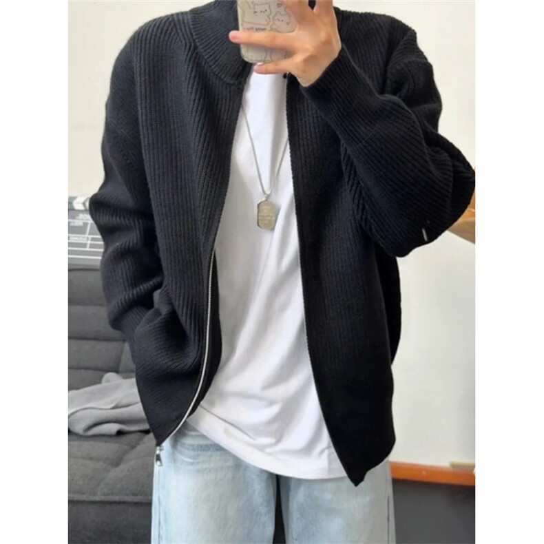 灰色双拉链立领开衫毛衣男款秋季半高领针织衫慵懒风外套ML106，男装针织衫/毛衣，星座1116A（原606A-3）