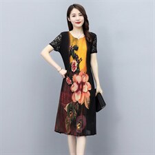 2022新款夏装韩版时尚潮流百褶压皱超弹大花色显瘦连衣裙，女装连衣裙，施恩睿棋
