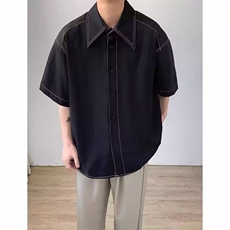 短袖衬衫男夏季宽松休闲半袖美式潮流结构青少年黑色衬衣，男装T恤，星座715-4