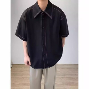 短袖衬衫男夏季宽松休闲半袖美式潮流结构青少年黑色衬衣图片