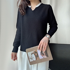 春季新款圆领假两件美丽奴羊毛针织打底衫女宽松韩版拼色毛衣内搭，女装羊毛衫，臻纶羊绒