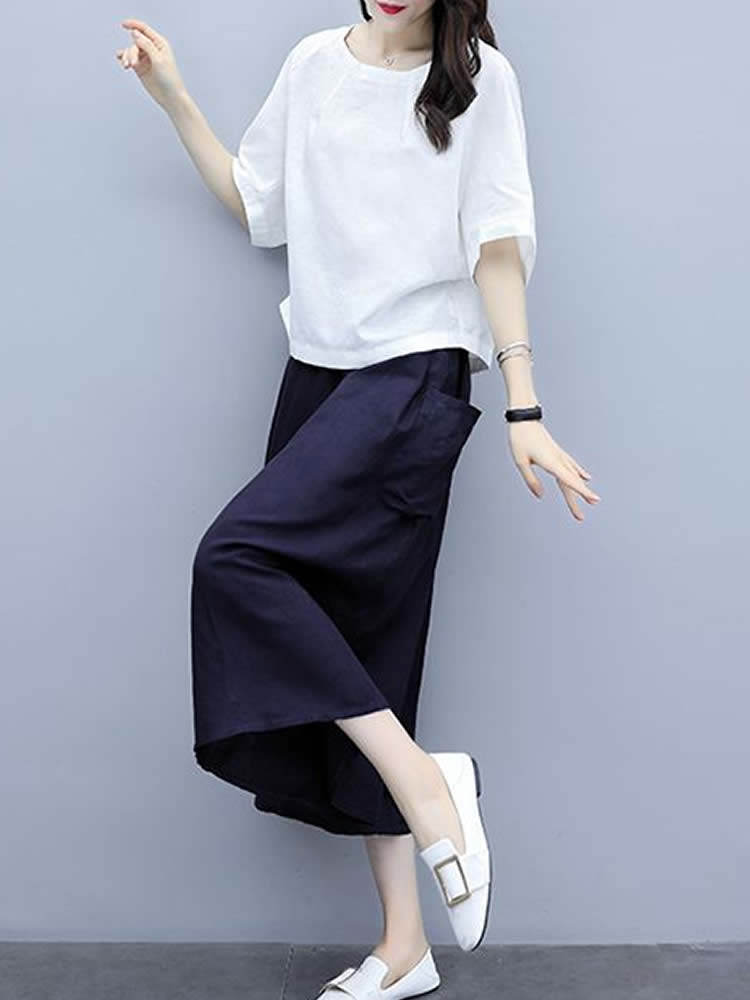 （现货）棉麻时尚套装女夏季新款休闲套装洋气阔腿裙裤亚麻两件套,女装套装/套裙,韩蔻秀