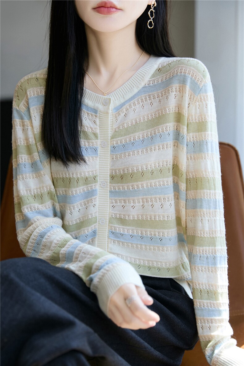 拼色圆领精纺羊毛开衫女镂空条纹针织衫毛衣宽松休闲长袖外套上衣,针织衫/毛衣,唐诺