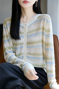 拼色圆领精纺羊毛开衫女镂空条纹针织衫毛衣宽松休闲长袖外套上衣图片