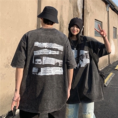 情侣装夏装2026新款水洗做旧印花圆领宽松短袖T恤男D258P38女类，男装T恤，电商A335-1（原A458）