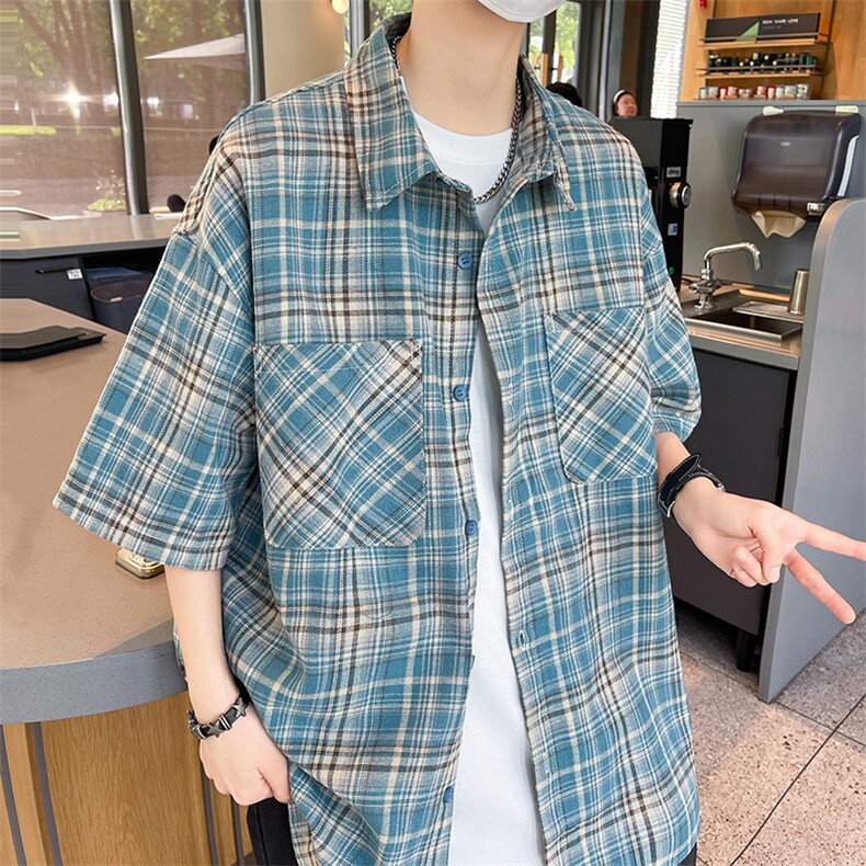 复古街头粉色格子短袖衬衫男宽松休闲百搭情侣外套C139-P35,男装衬衫,星座308B-2
