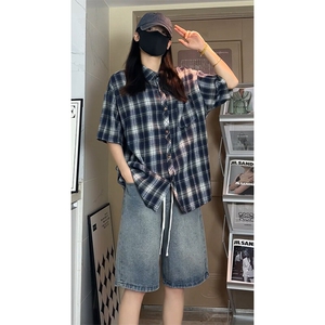 夏季潮流复古格子大码翻领短袖衬衫内搭外套DC2231-特价P26图片