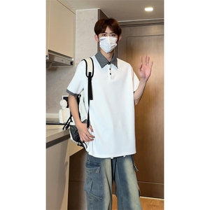 假两件格子拼接短袖T恤男夏季潮牌polo衫美式衬衫领T3652特价P30