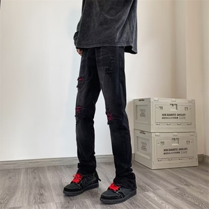 1506-1/K1411杜哒哒/P44黑色破洞牛仔裤男春秋新款韩版补丁小脚裤图片