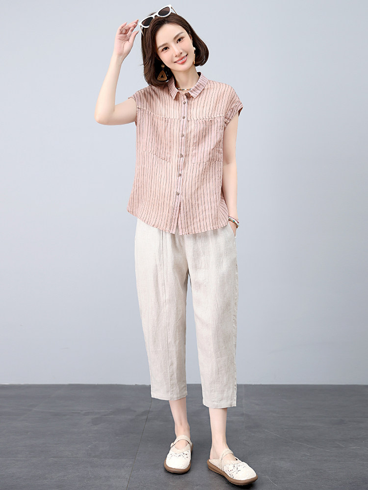 时尚套装女2025年新款夏装搭配一整套洋气减龄妈妈棉麻裤子两件套,女装套装/套裙,江忆布依
