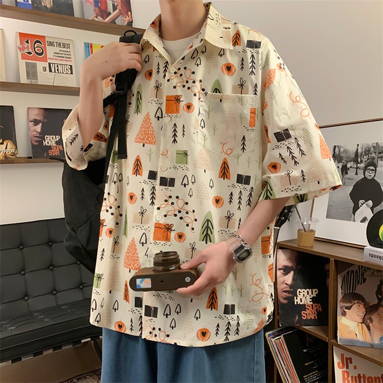 夏宽松美式复古趣味卡通满印短袖衬衫情侣XZ225-3-CS05-P35控45,男装衬衫,星座225-3